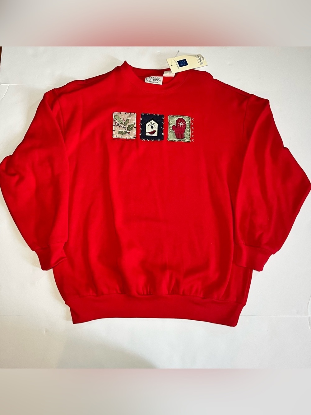 NWT Vintage 90s Christmas Sweatshirt Red Cardinal Patchwork Grandmacore SzM
